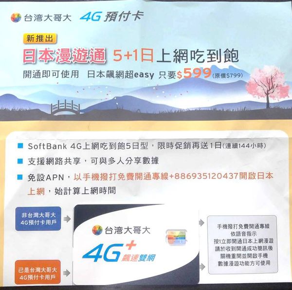 台灣大哥大4G預付卡日本遊測試
